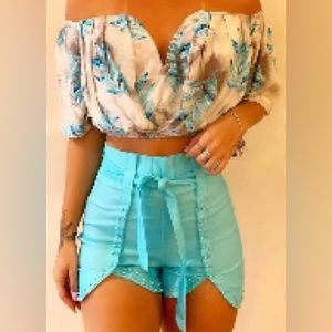Off shoulder leaf print ruched top and beaded shorts set
